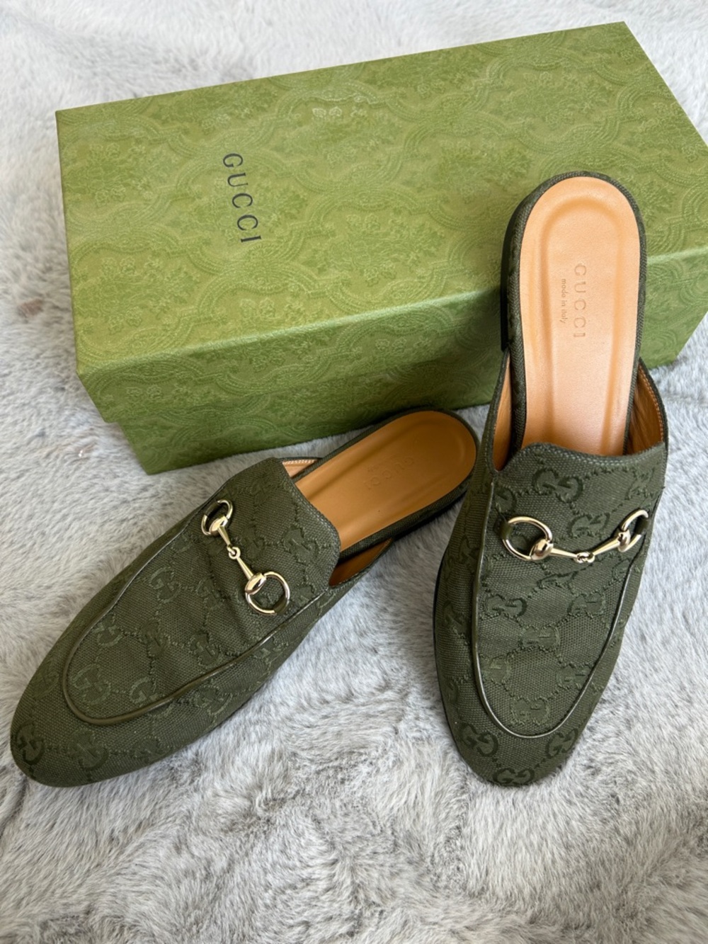 Gucci Princetown - Olive Green GG Canvas Horsebit Mules